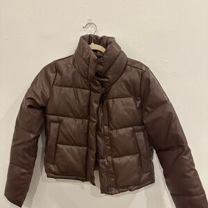 Brown Leather Puffer Jacket